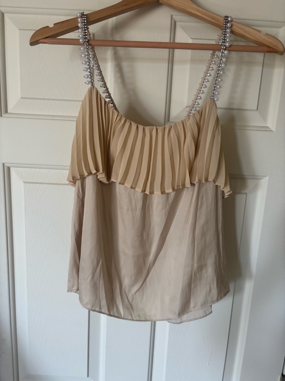 Ramy Brook Beige Pleated Ruffle Camisole with Pearl and Rhinestone Straps NWOT